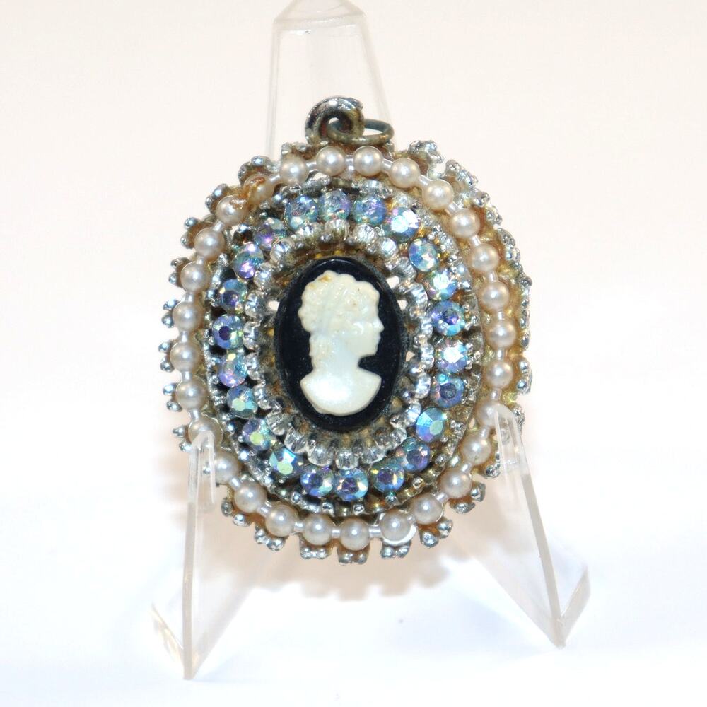 Vintage Cameo Pendant with Faux Pearls and Rhinestones
